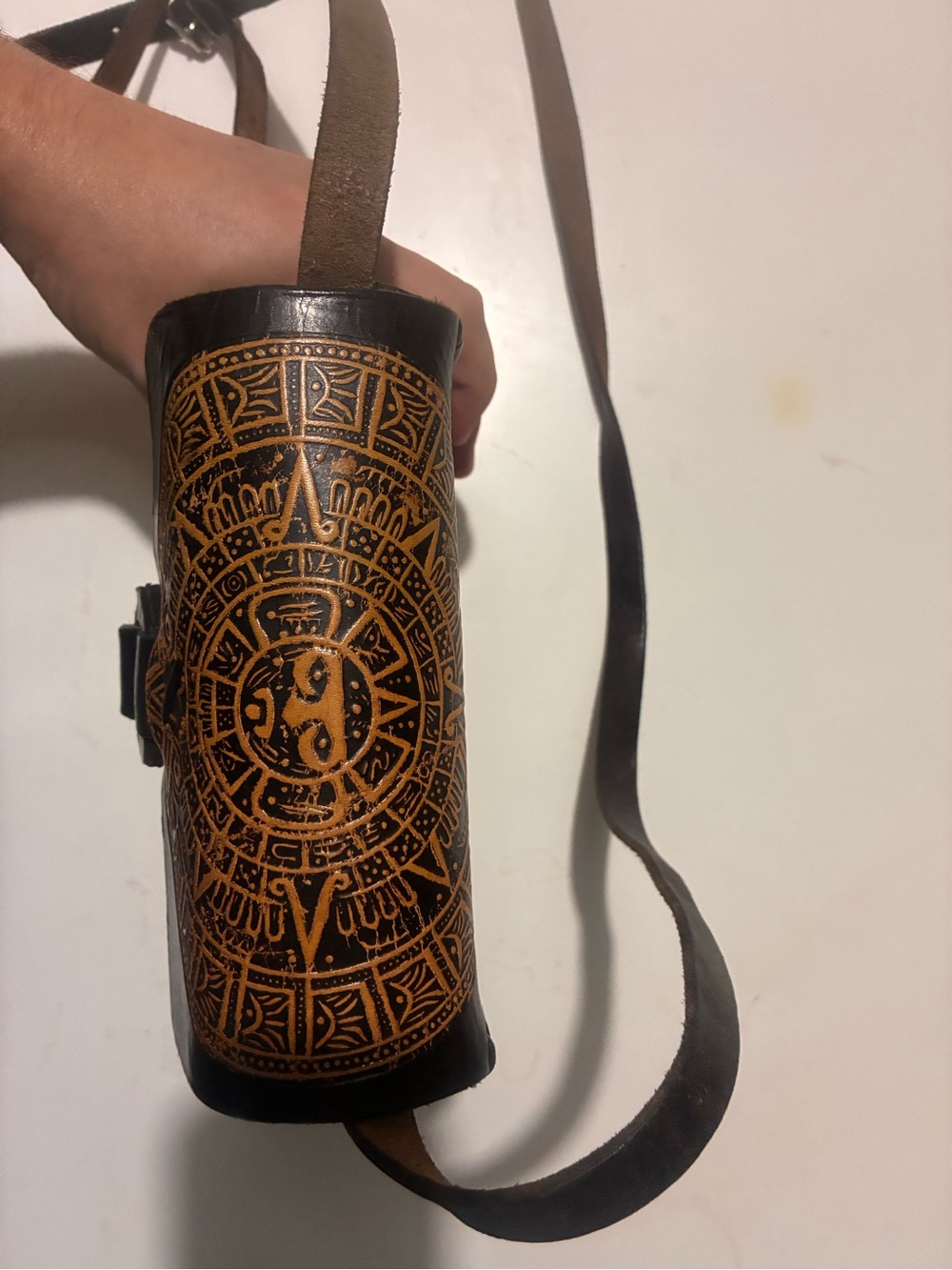 Mayan Handcrafted Leather Crossbody Bag in Black and Cognac - Picture 2 of 4